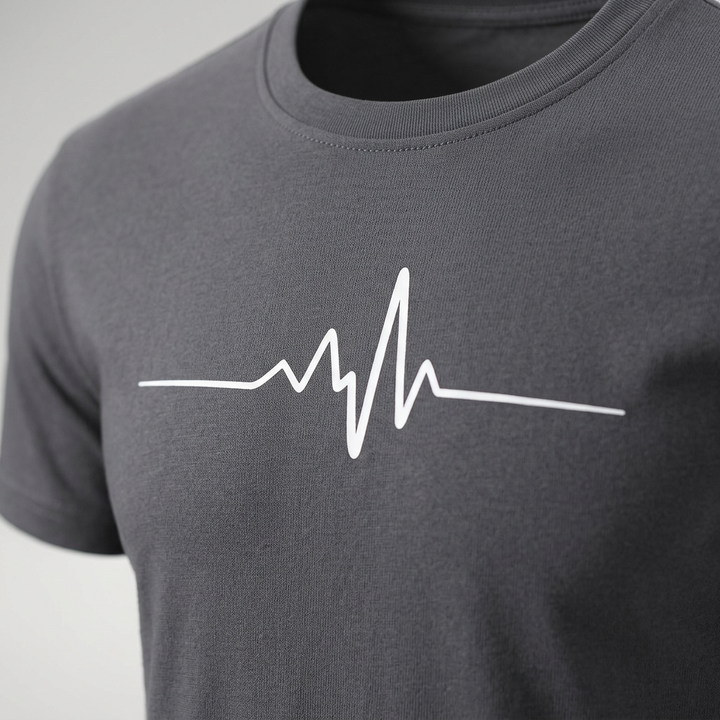 Nahaufnahme Rundhalsausschnitt mit Herzschlag-Print, graues T-Shirt