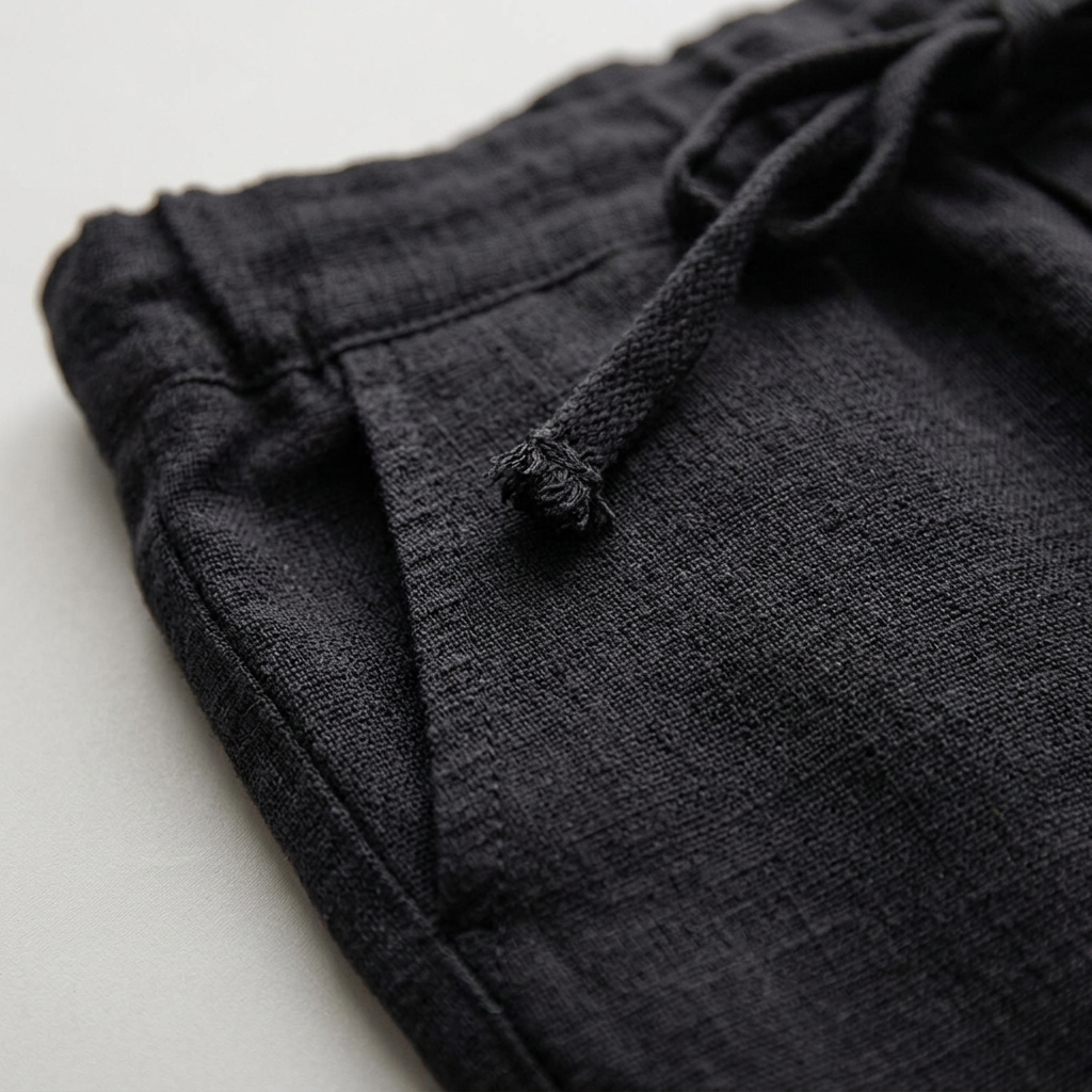 Herren Leinenhose Schwarz, Detailaufnahme Kordelzug und Tasche