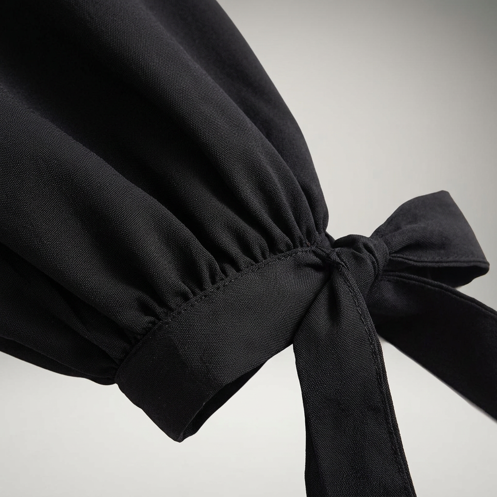Detailaufnahme Schleifenknoten am Saum der schwarzen Ballonhose