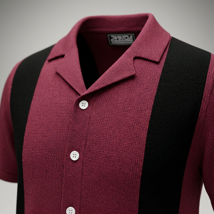 Herren Strick-Poloshirt Weinrot, Nahaufnahme Kragen und Knopfleiste