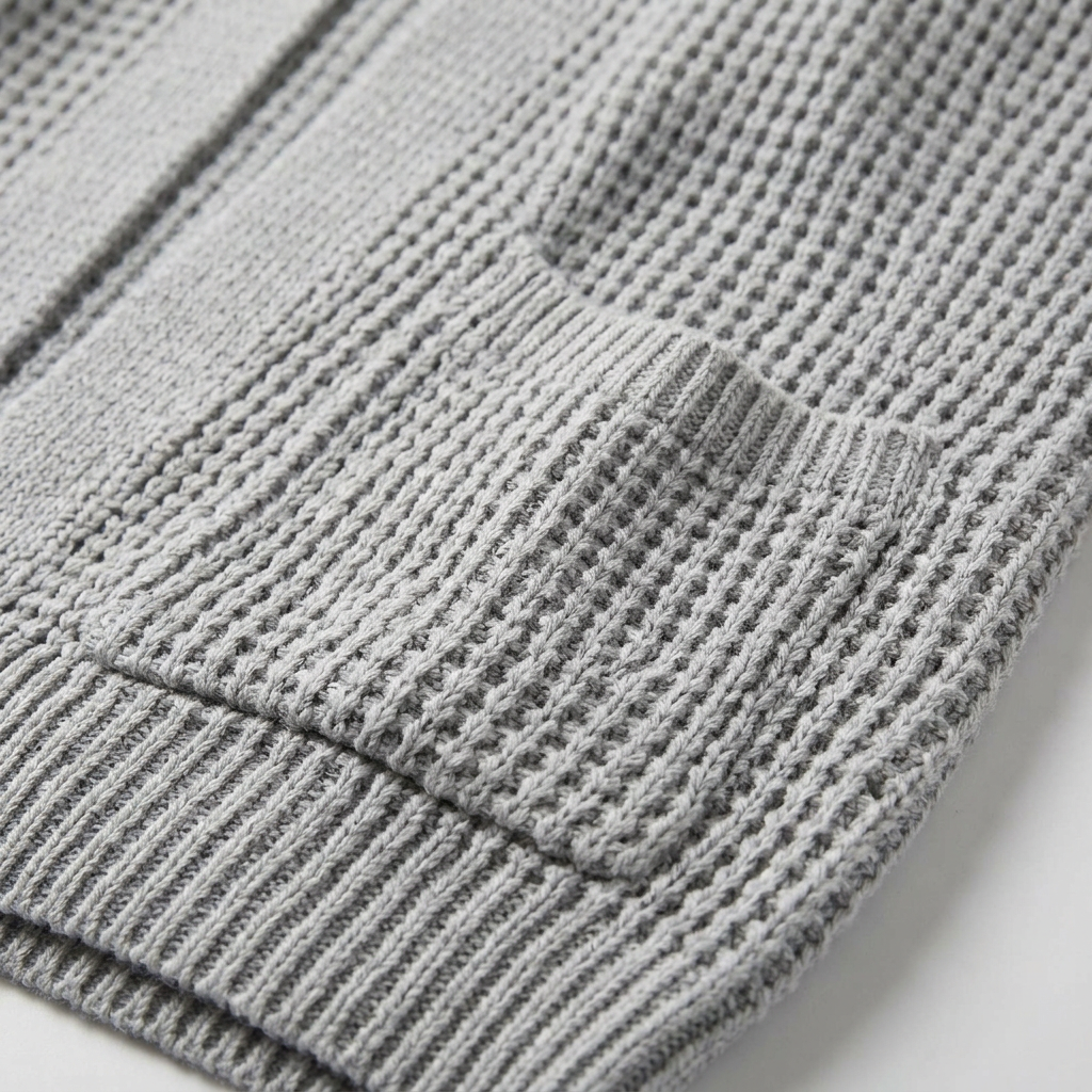Damen Cardigan in Grau, Detailaufnahme Waffelstrick und Tasche
