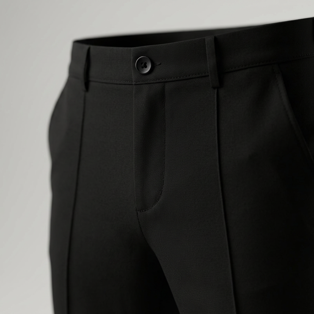 Nahaufnahme von Bund, Knopf und Tasche der schwarzen Chinohose