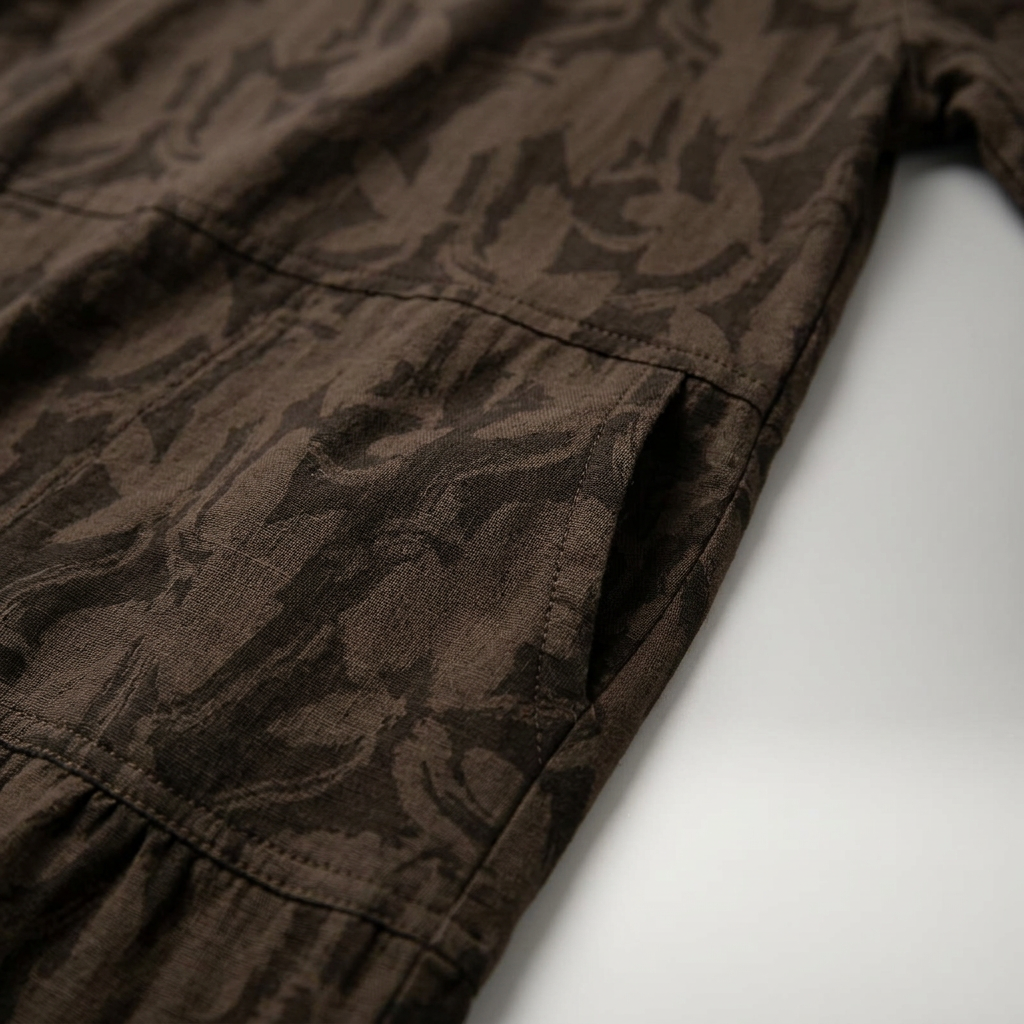 Detailaufnahme der aufgesetzten Tasche am dunkelbraunen Midikleid