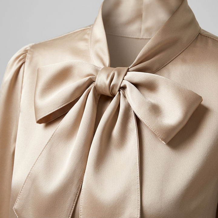 Nahaufnahme Schleife am Kragen, Beige Satin-Optik