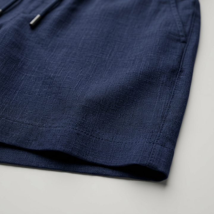 Leinen Shorts Dunkelblau, Detailaufnahme Saum und Nahtverarbeitung