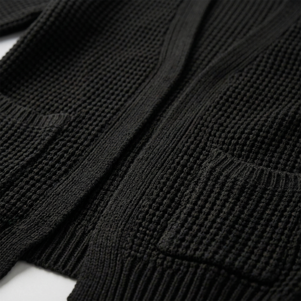 Damen Cardigan in Schwarz, Detailaufnahme Waffelstrick und Tasche