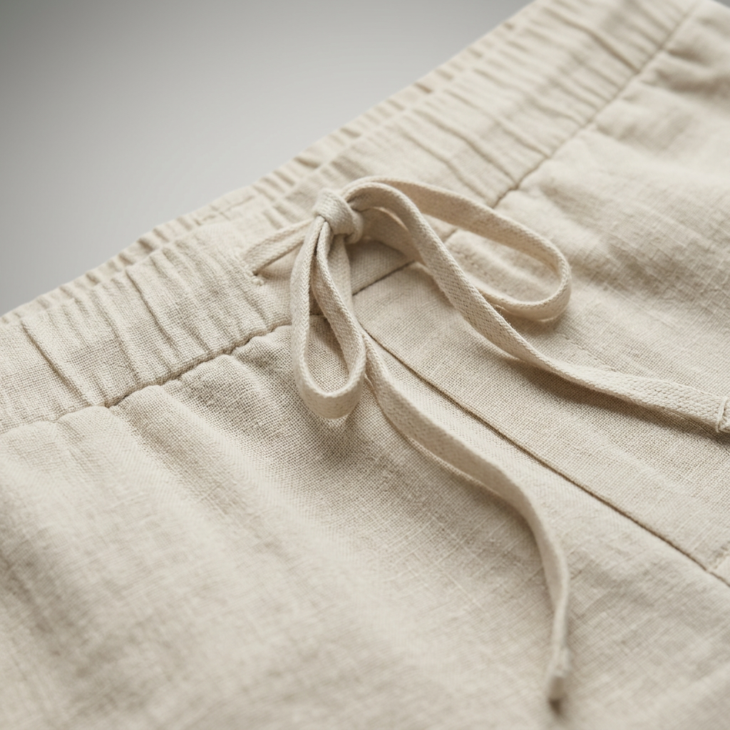 Leinen Shorts Beige, Detailaufnahme Kordelzug am Bund