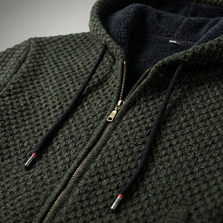 Herren Strickjacke in Olivgrün, Detail Reißverschluss und Kordelzug