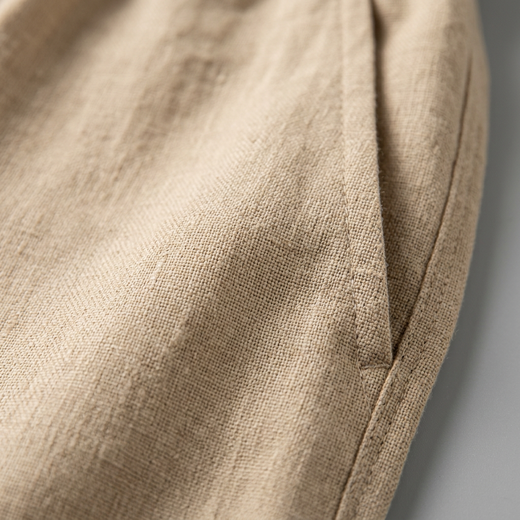 Herren Leinenhose Beige, Detailaufnahme Leinenstruktur und Tasche