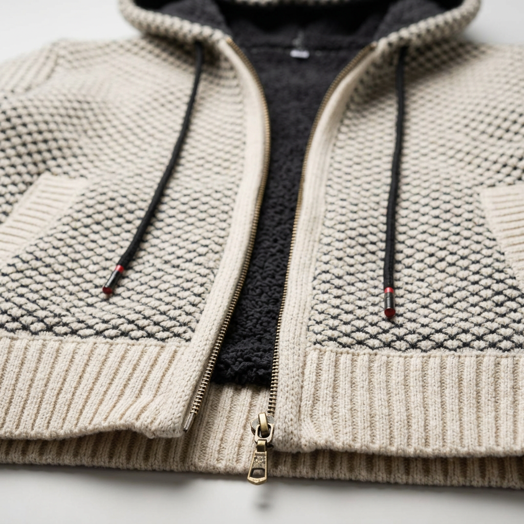 Herren Strickjacke in Beige, Detail Reißverschluss und Kordelzug