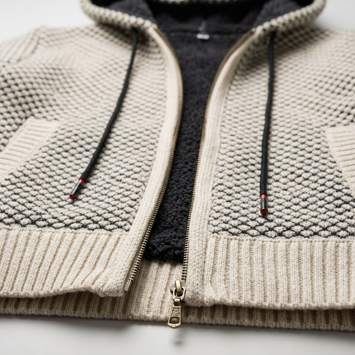Herren Strickjacke in Beige, Detail Reißverschluss und Kordelzug