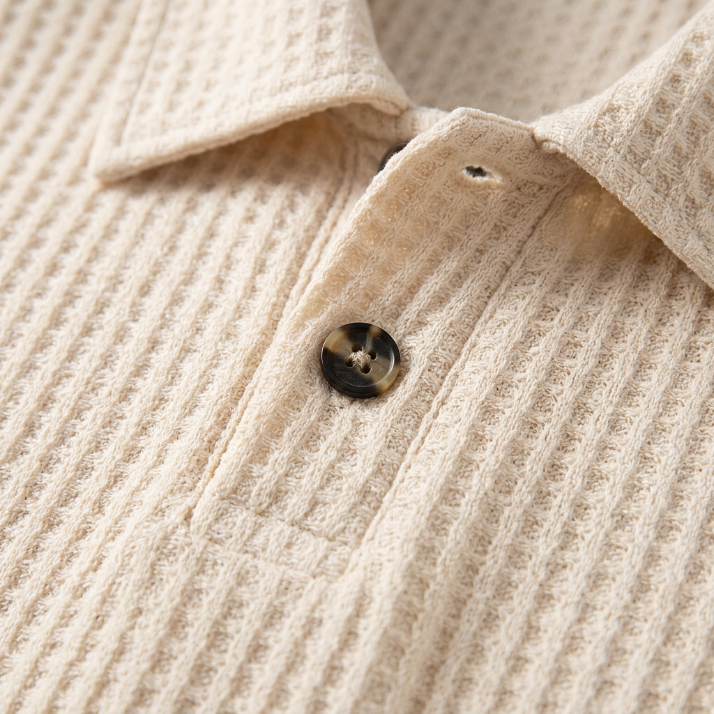 Poloshirt Waffelstrick Creme, Detailaufnahme Kragen und Knopf
