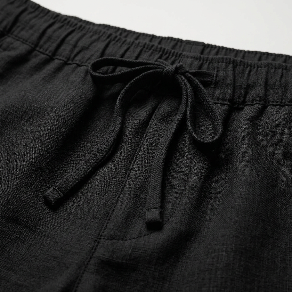 Leinen Shorts Schwarz, Detailaufnahme Kordelzug am Bund