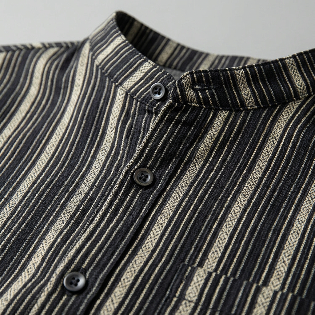 Detailansicht Stehkragen und Knopfleiste, Streifenhemd schwarz-beige