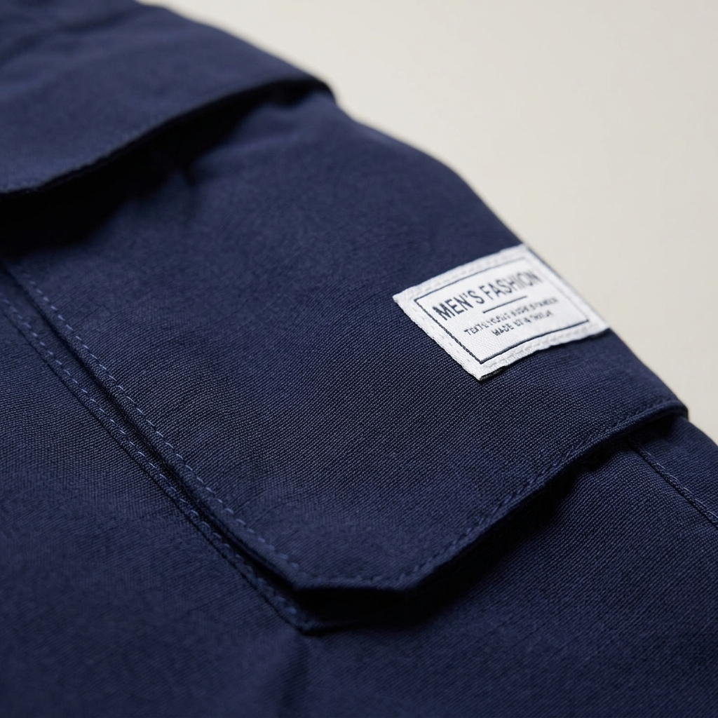 Cargo Shorts Herren Dunkelblau, Detailaufnahme Seitentasche mit Patch