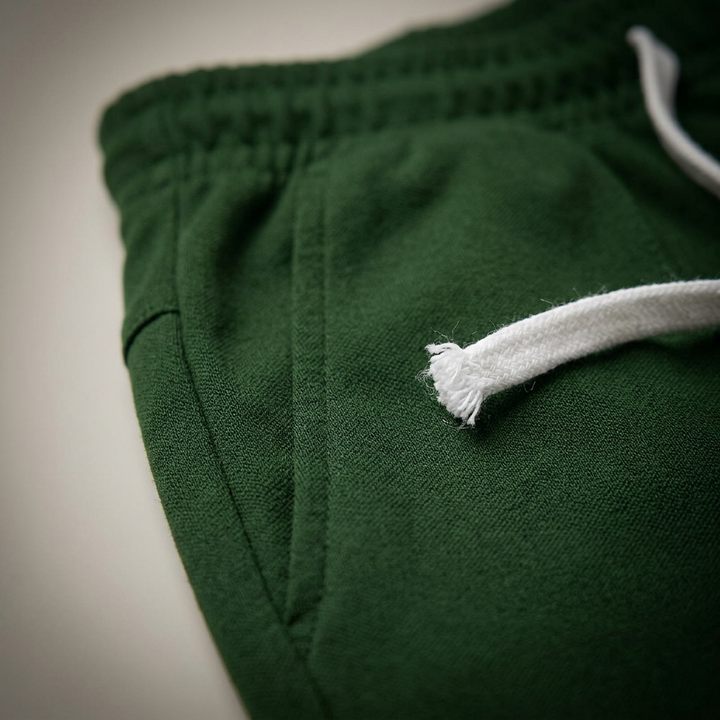 Nahaufnahme Kordelzug und Tasche der dunkelgrünen Freizeithose