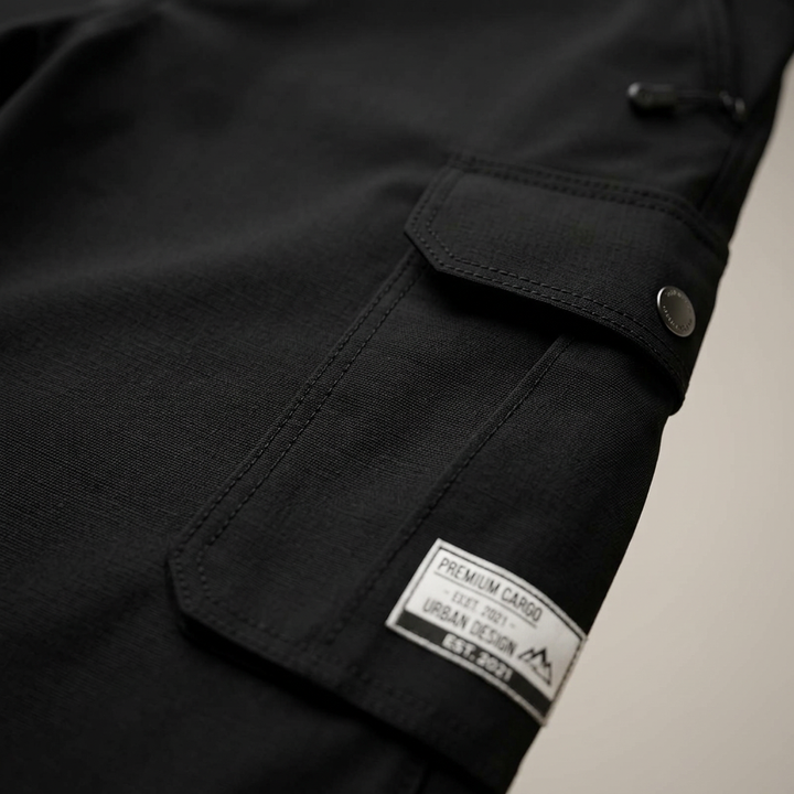 Cargo Shorts Herren Schwarz, Detailaufnahme Seitentasche mit Druckknopf