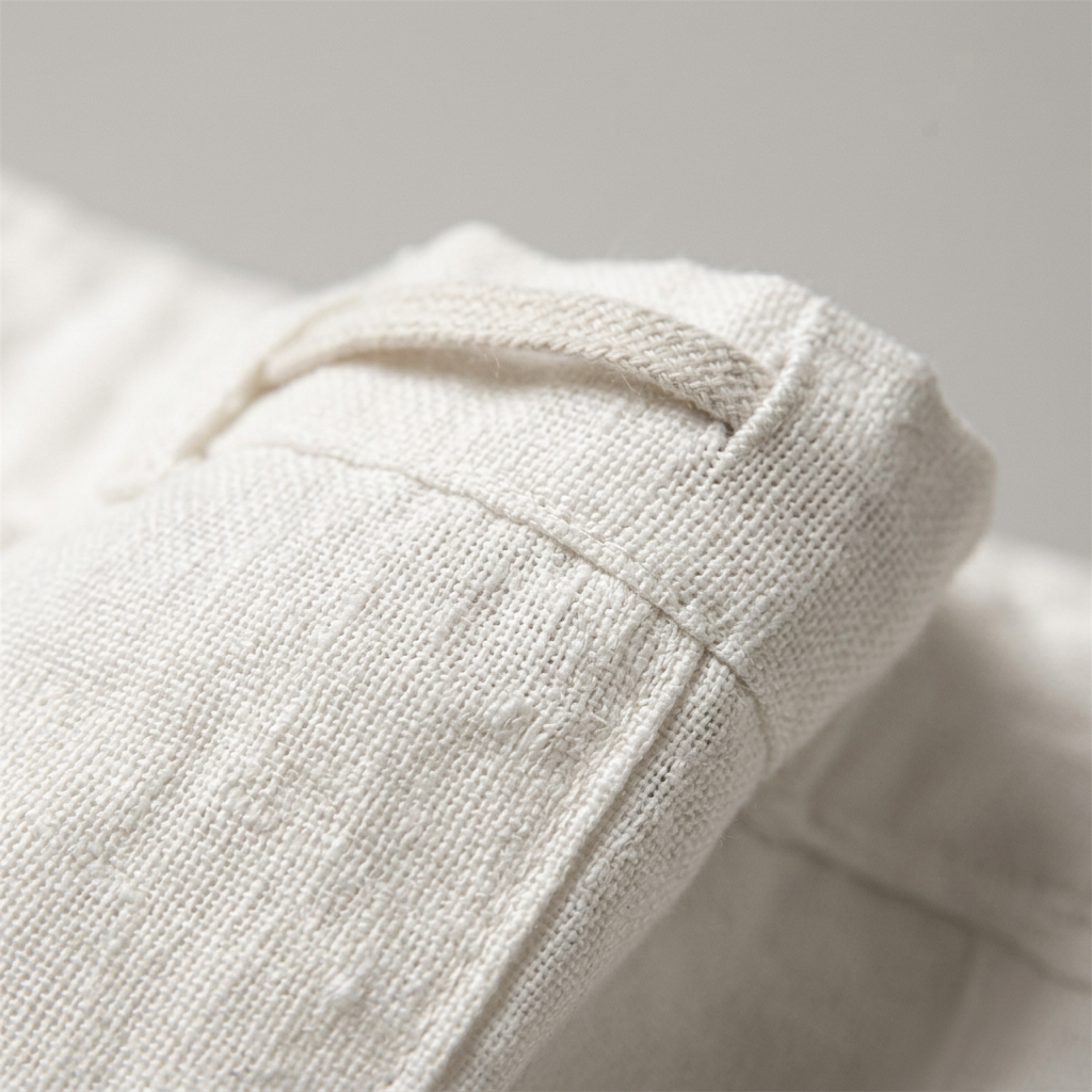 Herren Leinenhose Weiß, Detailaufnahme Leinenstruktur am Saum