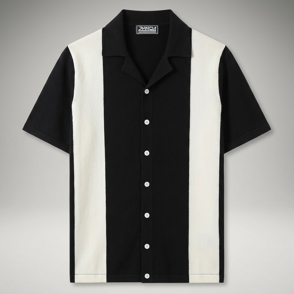 Herren Strick-Poloshirt Schwarz mit weißem Colorblock-Streifen, Flachansicht