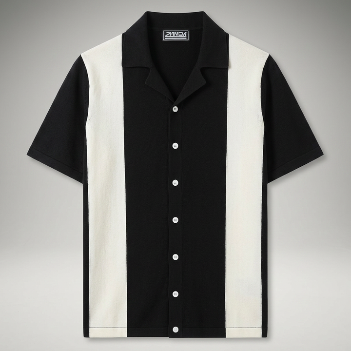 Herren Strick-Poloshirt Schwarz mit weißem Colorblock-Streifen, Flachansicht