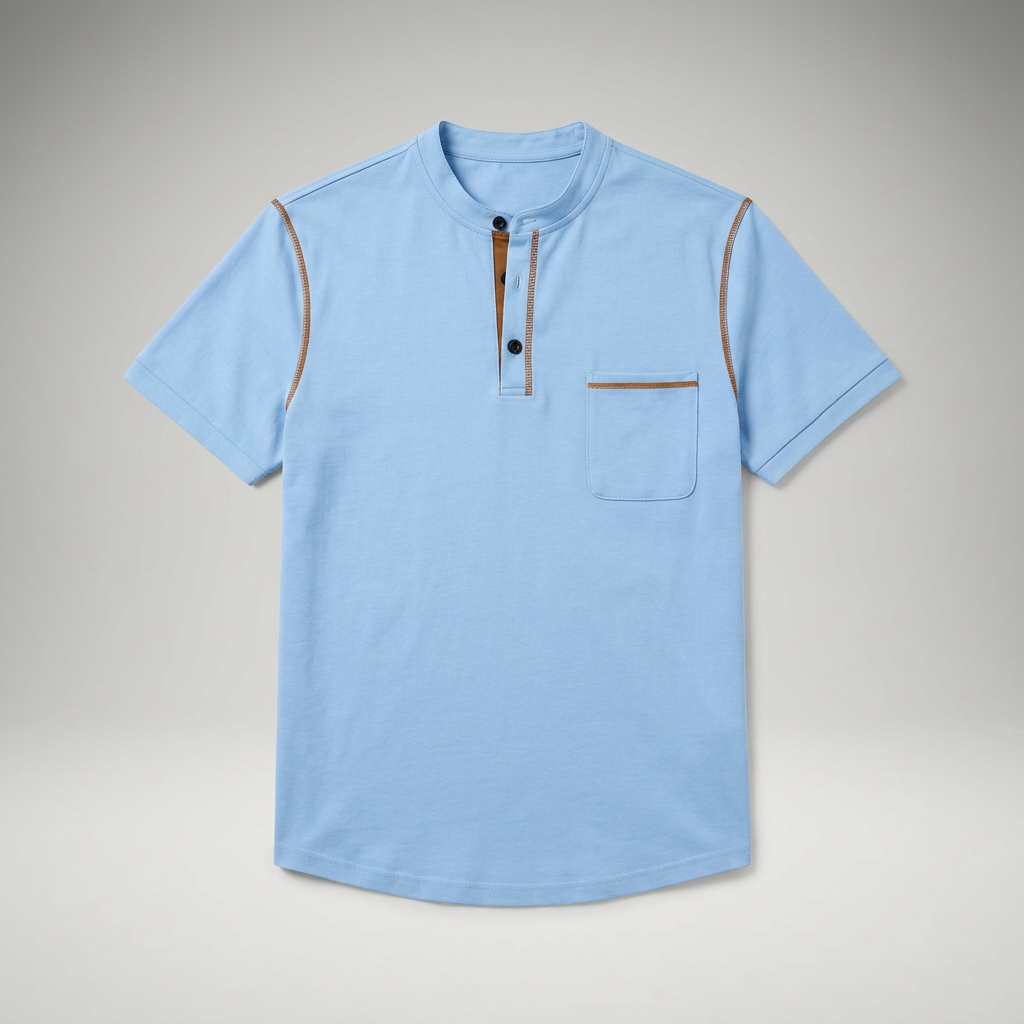 Poloshirt Hellblau mit Henry-Kragen und Brusttasche, Flachansicht
