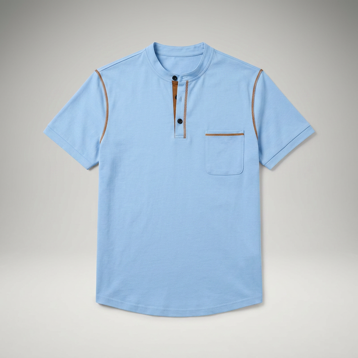 Poloshirt Hellblau mit Henry-Kragen und Brusttasche, Flachansicht