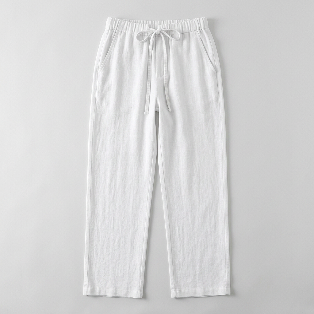 Herren Leinenhose Weiß mit Kordelzug, Flatlay von vorne