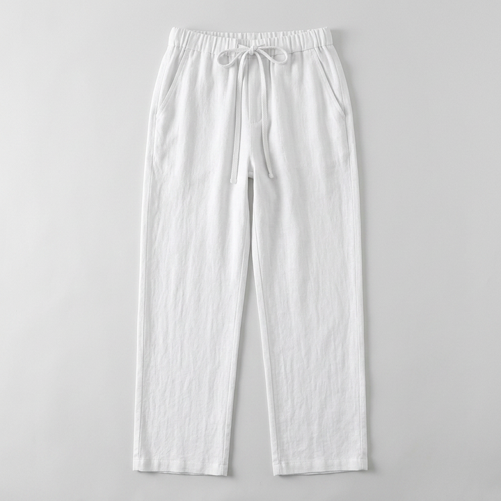 Herren Leinenhose Weiß mit Kordelzug, Flatlay von vorne