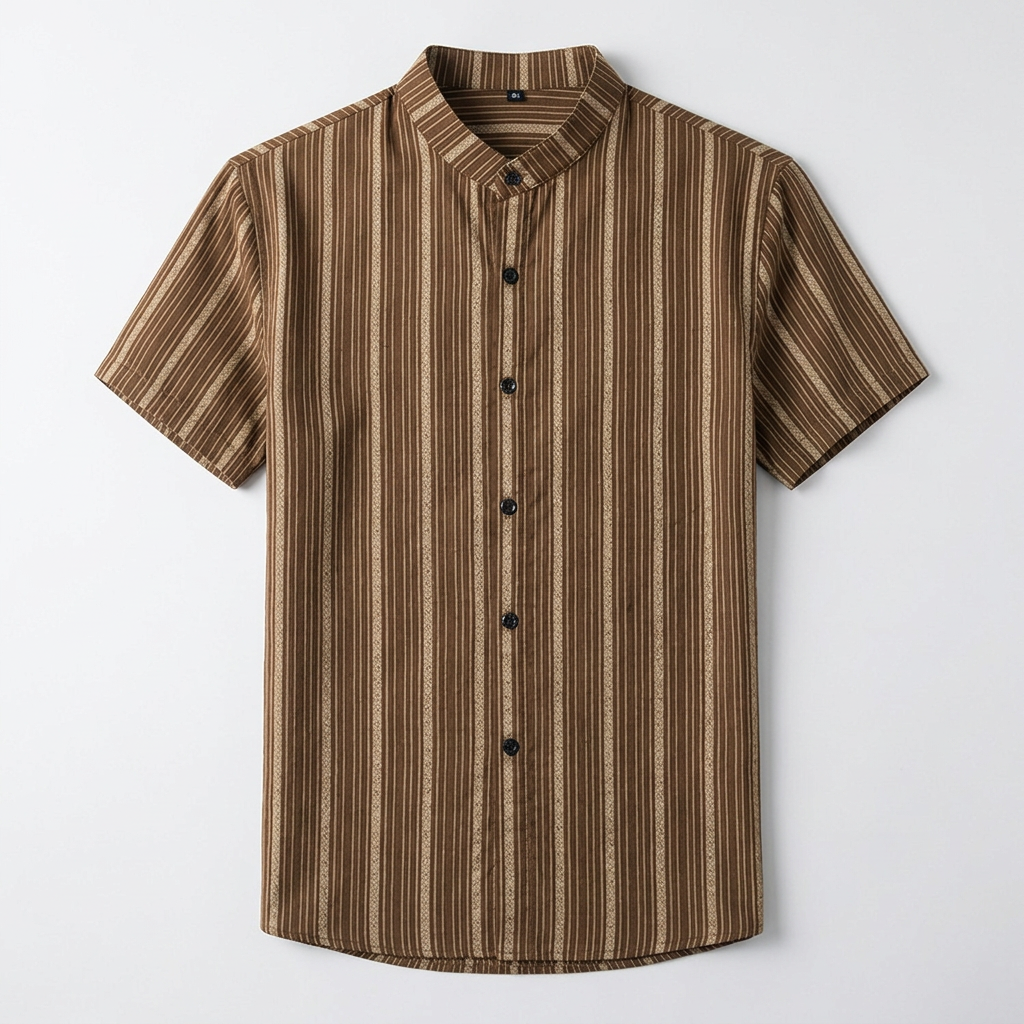 Herren Kurzarmhemd mit Stehkragen, braun-beige gestreift, Flatlay