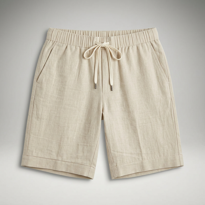 Herren Leinen Shorts Beige mit Kordelzug, Flatlay Produktansicht