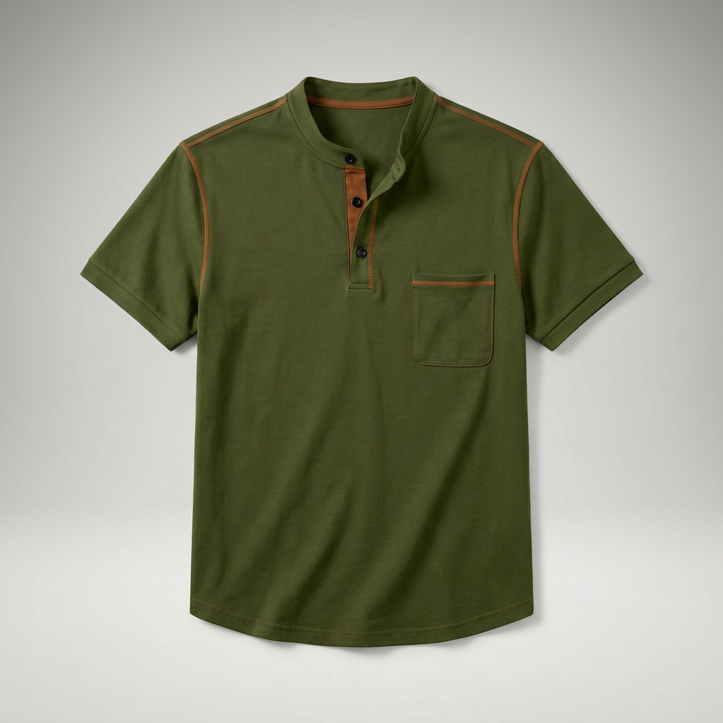 Poloshirt Olivgrün mit Henry-Kragen und Brusttasche, Flachansicht