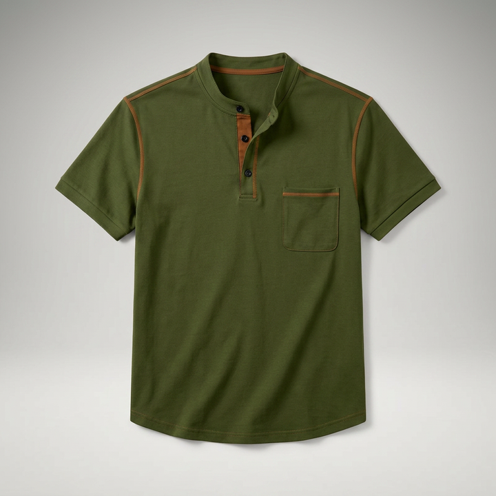 Poloshirt Olivgrün mit Henry-Kragen und Brusttasche, Flachansicht