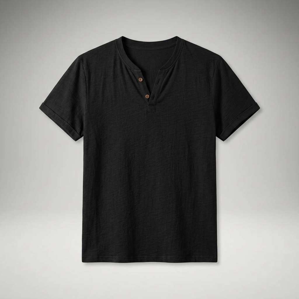 Herren Henley-Shirt in Schwarz, Flatlay ohne Model