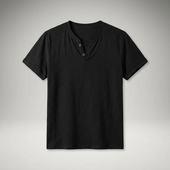 Herren Henley-Shirt in Schwarz, Flatlay ohne Model