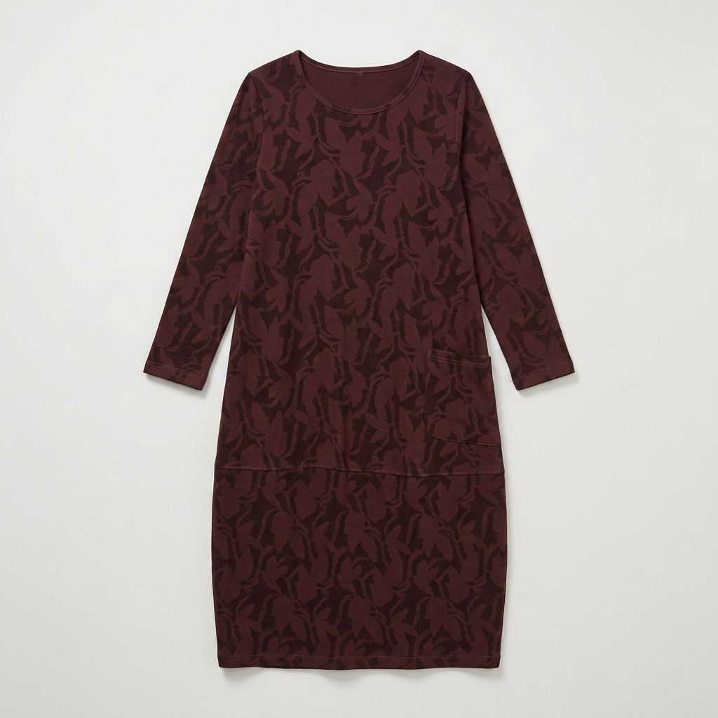 Weinrotes Midikleid mit Rundhals und Taschen, Flatlay-Ansicht