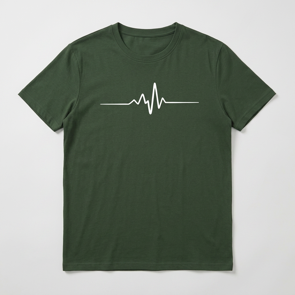 Grünes Herren T-Shirt mit Herzschlag-Print, Flat-Lay Produktfoto