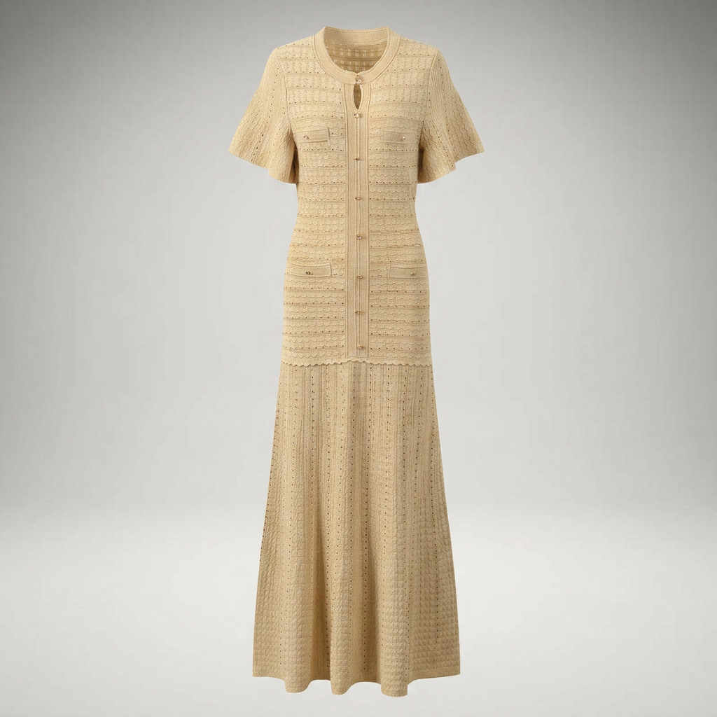Beiges Strickkleid mit Ajour-Muster und Knopfleiste, Produktansicht