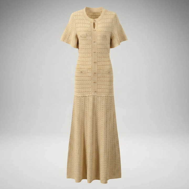 Beiges Strickkleid mit Ajour-Muster und Knopfleiste, Produktansicht