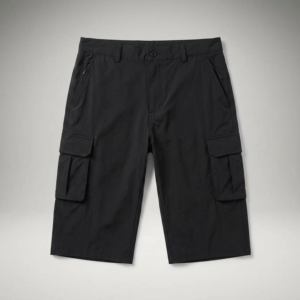Cargo Shorts Herren Schwarz, Flatlay mit Seitentaschen