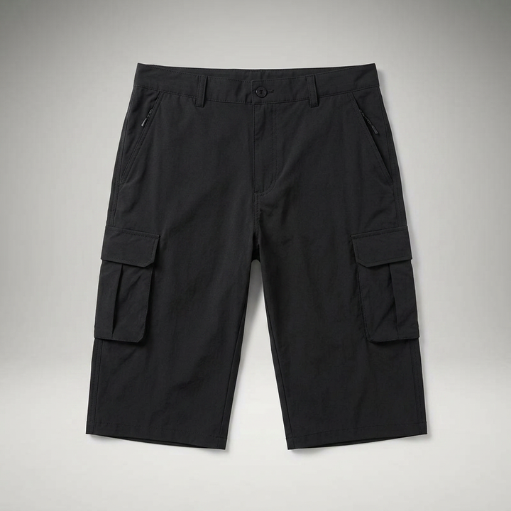 Cargo Shorts Herren Schwarz, Flatlay mit Seitentaschen