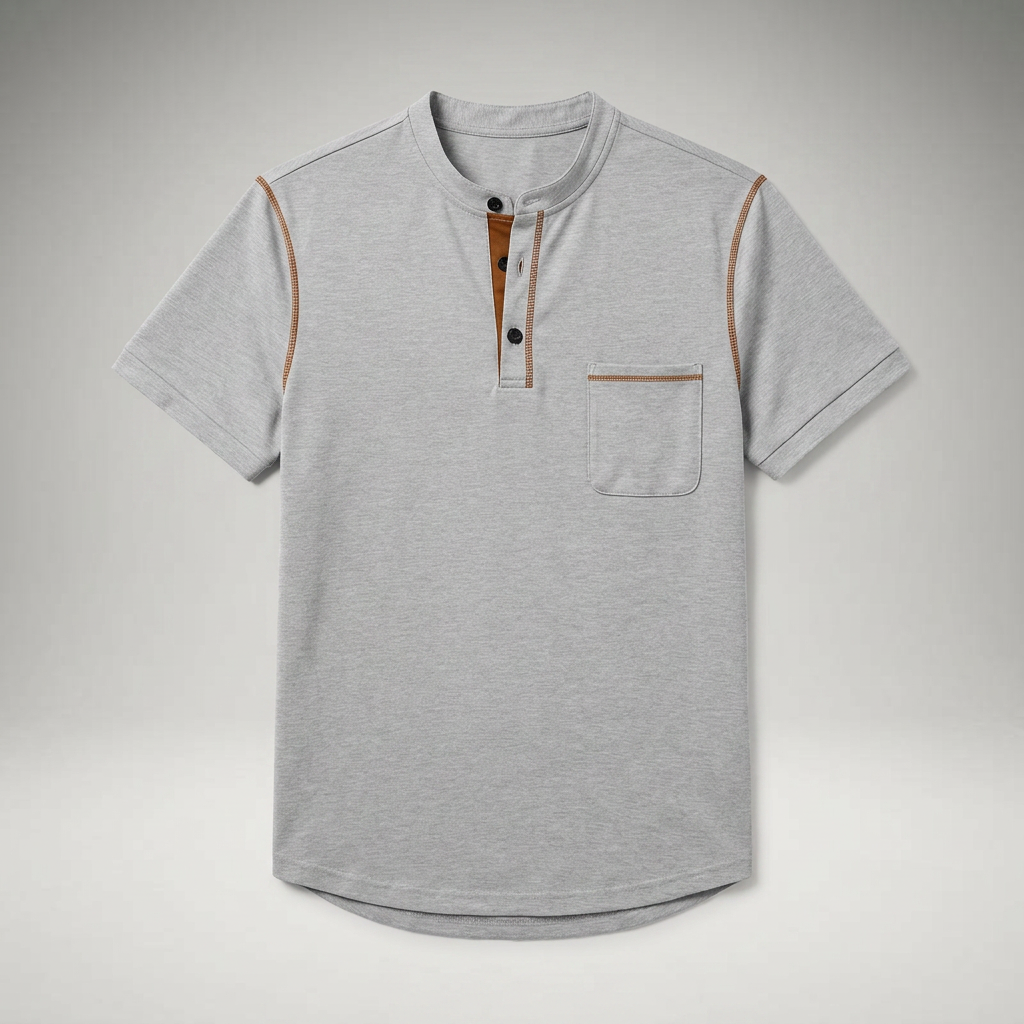 Poloshirt Grau meliert mit Henry-Kragen und Brusttasche, Flachansicht