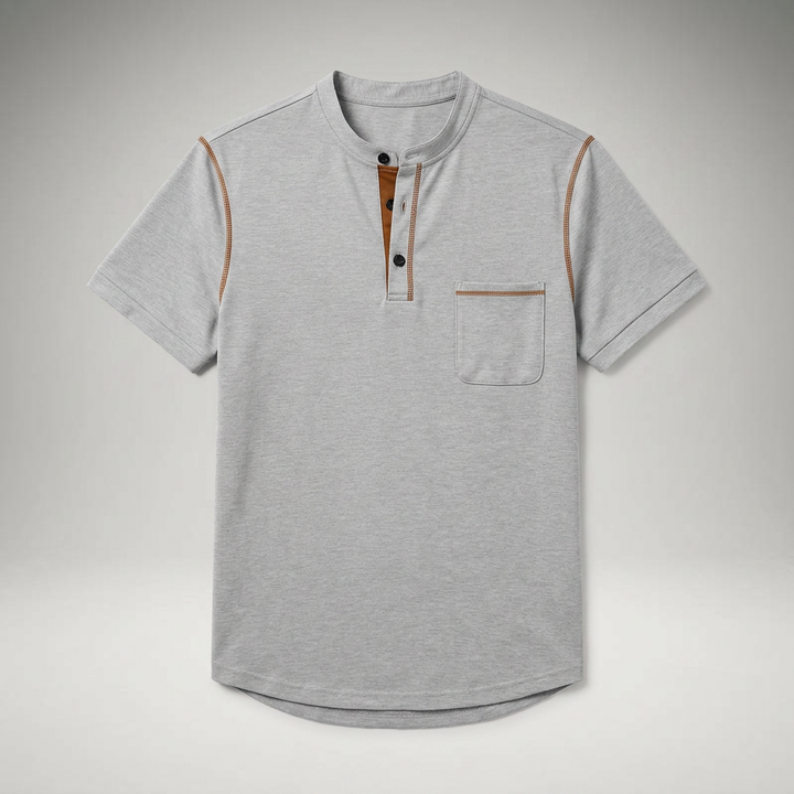 Poloshirt Grau meliert mit Henry-Kragen und Brusttasche, Flachansicht