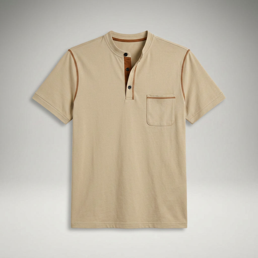 Poloshirt Khaki mit Henry-Kragen und Brusttasche, Flachansicht