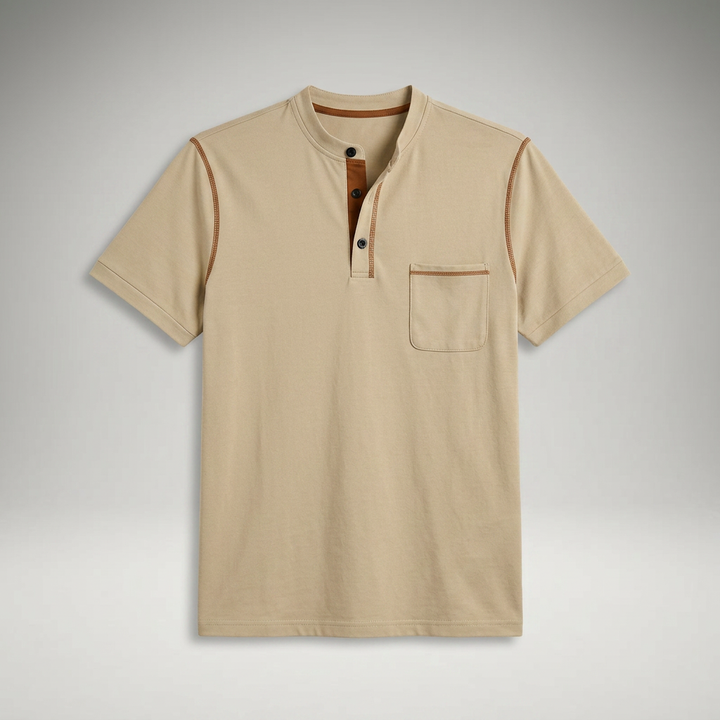 Poloshirt Khaki mit Henry-Kragen und Brusttasche, Flachansicht