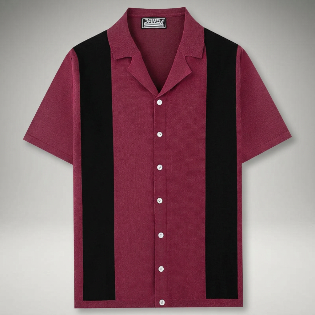 Herren Strick-Poloshirt Weinrot mit schwarzem Colorblock-Streifen, Flachansicht