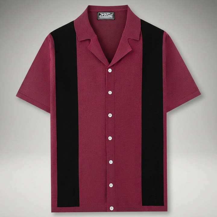 Herren Strick-Poloshirt Weinrot mit schwarzem Colorblock-Streifen, Flachansicht