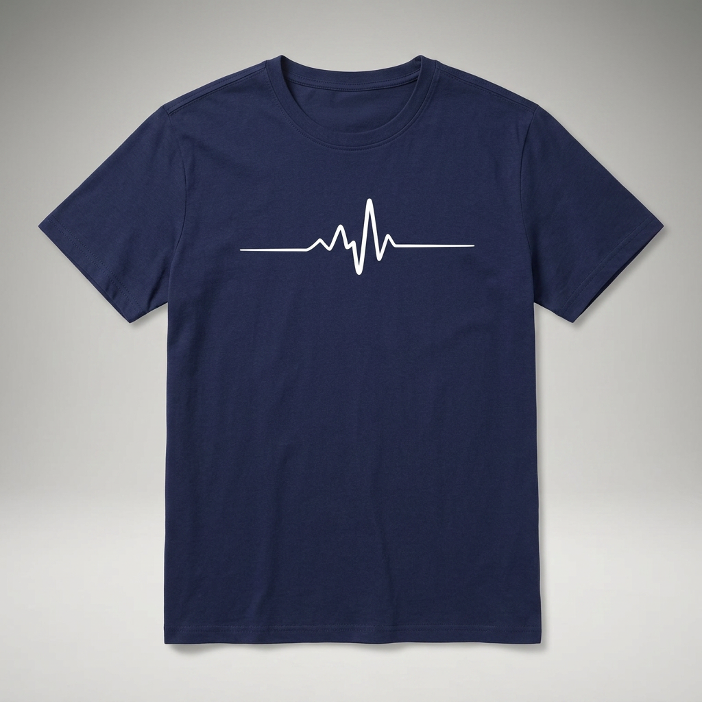 Dunkelblaues Herren T-Shirt mit Herzschlag-Print, Flat-Lay Produktfoto