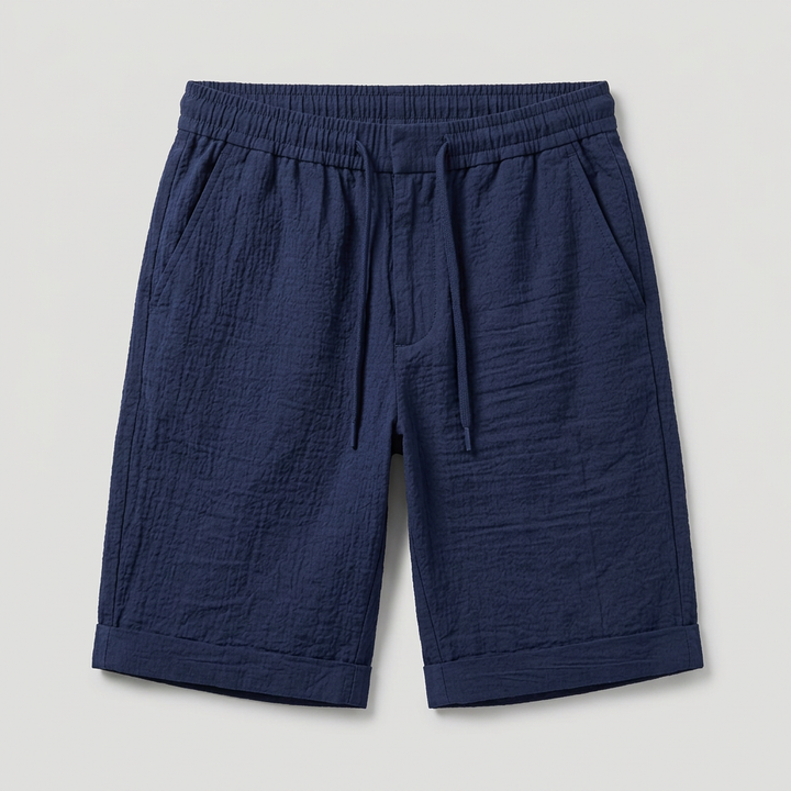 Herren Leinen Shorts Dunkelblau mit Kordelzug, Flatlay Produktansicht