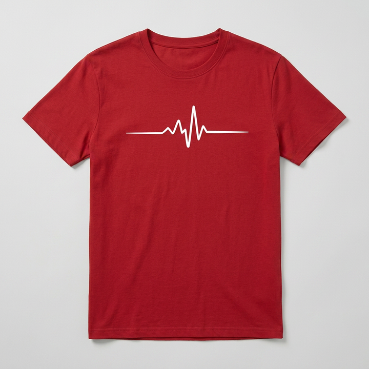 Rotes Herren T-Shirt mit Herzschlag-Print, Flat-Lay Produktfoto