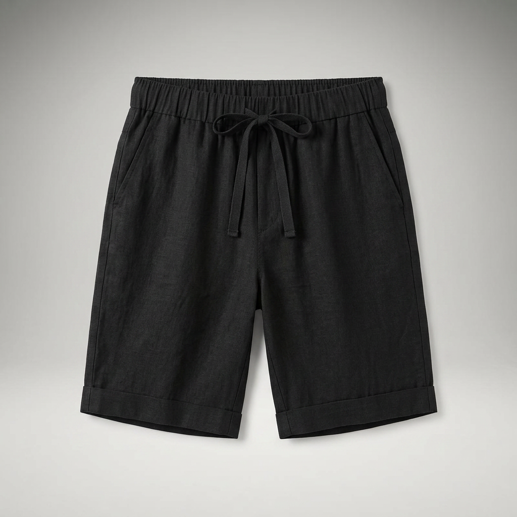 Herren Leinen Shorts Schwarz mit Kordelzug, Flatlay Produktansicht